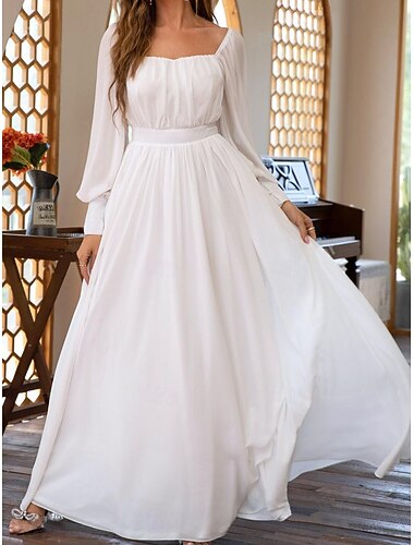  Damen Maxikleid Weißes Kleid Abschlusskleid Freizeitkleid Elegant Mode Modern Outdoor Urlaub Ausgehen Normale Passform Einfach Langarm Quadrathals Weiß Sommer Frühling