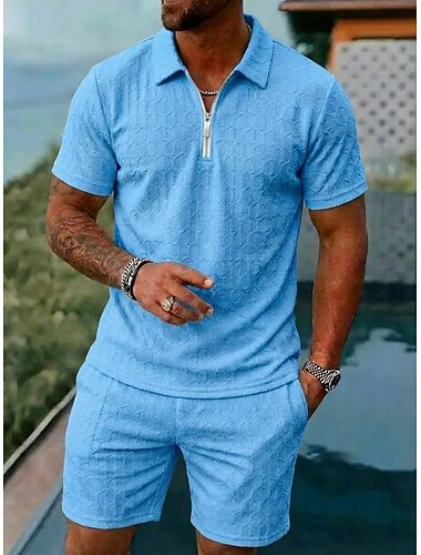  Herren Shorts und T-Shirt-Set Golfshirt Polo-Set Kurzarm Revers Sommer Einfach Mode Basic Modern Jacquard 2 teilig Lässig Täglich Ferien Blau Schwarz Weiß Top T-Shirt für Herren