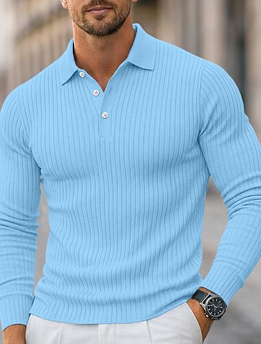  Herren Rippenstrick-Top Textur Lässig Straße Revers Langarm Basic Modern Einfach Knöpfe Frühling Herbst Ganzjahres Schmale Passform Blau Weiß Marineblau Grau Rippenstrick-Top