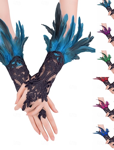  Costumes de Carnaval 2026 Carnaval de Rio Accessoires Samba Gants en Dentelle de Plumes Gothiques pour Femmes Mitaines en Mesh sans Doigts Longues avec Plumes Naturelles Costume de Performance