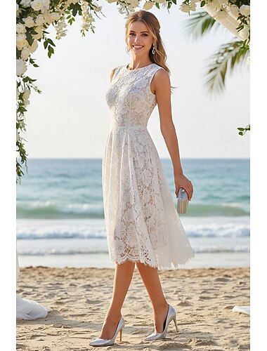  Ligne A Longueur thé Robe en Dentelle petite robe blanche Élégant Petites Robes Blanches Sans manches Col ras du cou Mariage avec Dentelle Plis