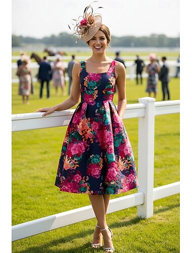  A-linje Knälång Cocktail klänning Bröllopsgästklänning Derbyklänning Klänning till brudens mor Ärmlös Smala axelband Elegant minimalist Bröllopsgäst Cocktailfest Kentucky Derby Satäng med Tryck