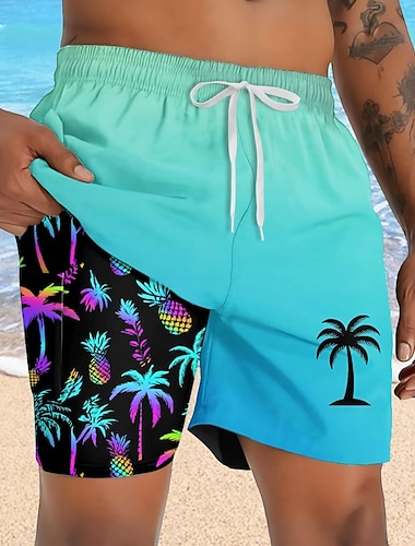  Per uomo Albero di Cocco Colore sfumato Piante Tropicali Pantaloncini foderati Pantaloncini da bagno 2 in 1 Pantaloncini da mare Misura del girovita medio Hawaiano Ferie Tasche Laterali Con Fodera a
