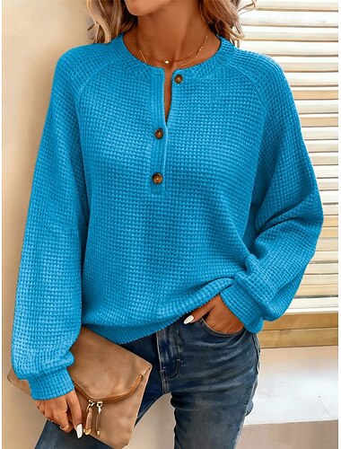  Damen Sweatshirt Einheitliche Farbe Alltag Stilvoll Casual Langarm Rundhals Regelmäßige Tops Alltag Knöpfe Blau Fuchsia Grün Aprikose Grau Sommer Frühling Herbst