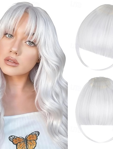  Haarspange mit Pony – grauer Clip-in-Pony von Silyer, künstlicher Pony zum Einclipsen für Damen, Pony mit Schläfenpartie, fransiger Pony, Haarteile, geschwungener Pony für den Alltag