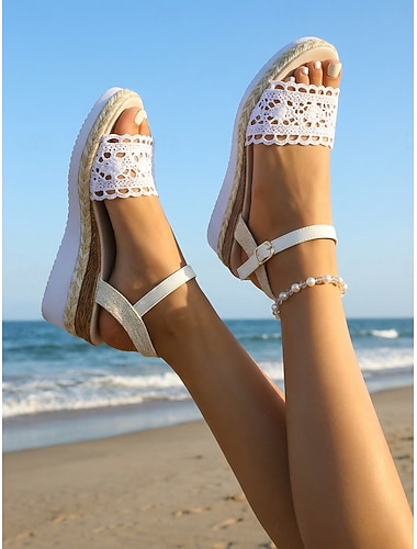  Espadrilles compensées en dentelle florale rose pour femme – chaussures bohèmes à plateforme et bout ouvert avec bride cheville, idéales pour les vacances à la plage et les stations balnéaires