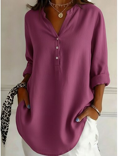  Damen Hemd Hemden in Leinenoptik Freizeithemd Bluse Knöpfe Einfach Stilvoll Klassisch Modern Langarm Stehkragen Normale Oberteile Täglich Ferien Ausgehen Blau Schwarz Wein Grün Sommer Frühling