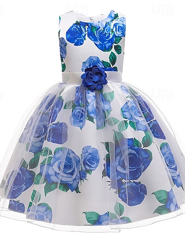  vestito da festa per bambine, festa, matrimonio, formale, principessa, patchwork, rete, floreale, senza maniche, girocollo, blu cielo, azzurro 4 anni+