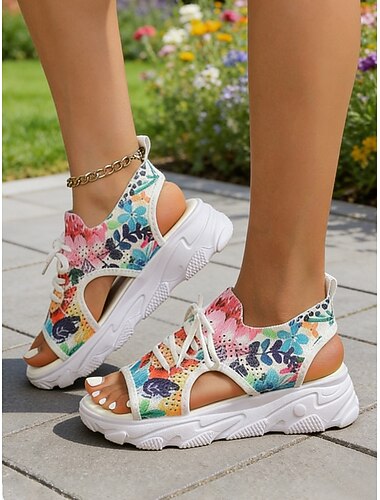  صنادل نسائية ذات نعل سميك بنقشة زهور ملونة - صنادل رياضية مفتوحة من الأمام برباط مناسبة للنزهات الصيفية والمشي والعطلات غير الرسمية