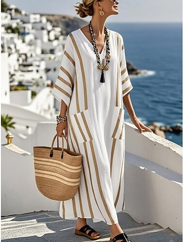  Womenské maxi šaty podobné lnu prodyšné lehké sluneční šaty A řez šaty dovolená neformální boho plážní vycházkové volné střih grafické geometrické dlouhý rukáv V výstřihu modrá černá bílá léto jaro