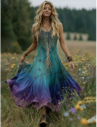  Damen Midi Kleid Boho Lässiges Kleid Swing Kleid Sommer Kleid Vintage Strand Reguläre Passform Ombre Grafik Ärmellos Rundhals V-Ausschnitt Blau Lila Sommer Frühling