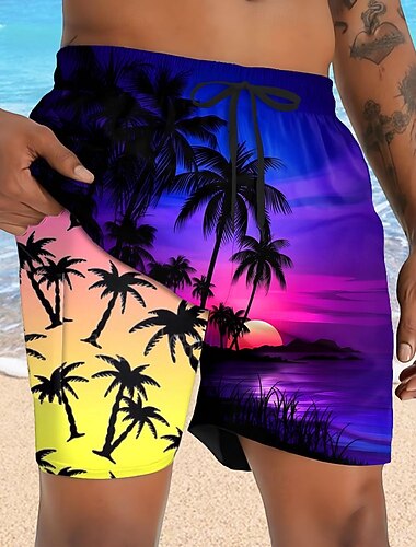  Per uomo Fenicottero Albero di Cocco Piante Tropicali Pantaloncini foderati Pantaloncini da bagno 2 in 1 Pantaloncini da mare Misura del girovita medio Hawaiano Ferie Tasche Laterali Con Fodera a