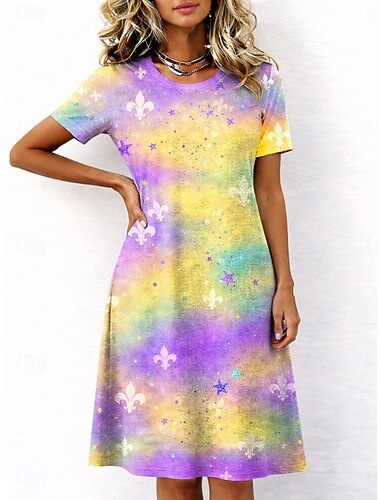  Mardi gras Dames Halflange jurk T shirt jurk Hemdjurk Zomerjurk Casual Dagelijks Normale pasvorm Grafisch Abstract Korte mouw Strakke ronde hals Wit Licht Paars Paars Zomer Lente