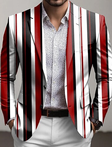  Herre Stribe Blazer jakke Frakke Bekvem Åndbart Kunstnerisk Afslappet Afslappet Daglig Festaftentøj 3D-udskrivning Knapper Multi lomme Forår Efterår vinter Hakrevers Langærmet Blå Rød Grå