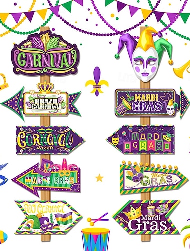  20 stk. Mardi Gras-festdekorasjoner (sett med 2), retningsskilt til karneval, lilla grønne gullpilskilt til vegg, hage, utendørsdekor, festutstyr til Fat Tuesday