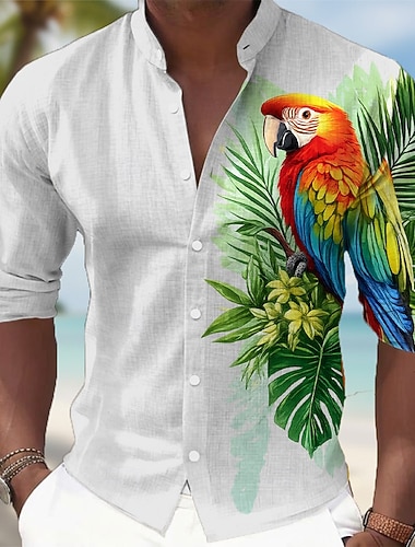  Herre Tropiske blomster Papegøye Palmeblad Skjorte Hawaiiskjorter Skjorte med stativ krage Langermet Hawaiisk Avslappet Feriereise Vår Høst Kinesisk Krave Båndkrage 3D-utskrift Skjorter med knapper