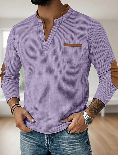  Homens Camiseta Waffle Camisa Waffle Henley Manga Longa Decote V Henley Outono Primavera & Outono Côr Sólida Moda Básico Casual duas peças falsas Casual Rua Esportes Azul Claro Preto Branco Top Tee