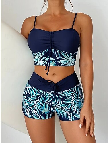  Per donna Costumi da bagno Bikini Due pezzi Shorts Costume da bagno Snello Senza schiena Vacanza Abbigliamento da Spiaggia Scollo a V Senza Maniche Costumi da bagno