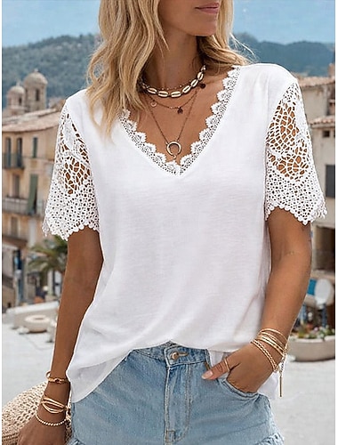  Damen T Shirt Spitzen-T-Shirt T-Shirt Spitze Einfach Mode Stilvoll Klassisch Kurzarm V Ausschnitt Normale Oberteile Täglich Ausgehen Wochenende Blau Weiß Gelb Rosa Rote Sommer Frühling