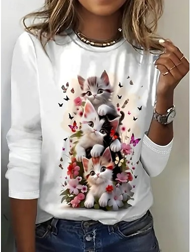  Damen T Shirt Druck Blumen Grafik Katze Mode Stilvoll Klassisch Langarm Rundhalsausschnitt Rundhals Normale Oberteile Täglich Kastanienbraun Weiß Rosa Sommer Frühling Herbst Winter