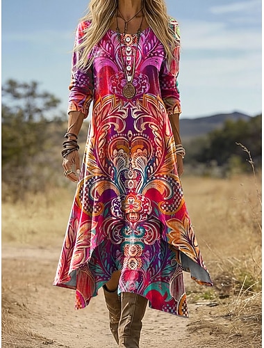 Damen Midi Kleid Boho Shift Kleid Urlaub Lässig Täglich Feiertag Lockere Passform Grafik Geometrisch Paisley Lange Ärmel Rundhals Hellgelb Hellgrün Fuchsia Braun Sommer Frühling Herbst