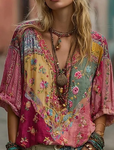  Damen Hemd Baumwoll-Leinen-Hemden Boho-Hemd Bluse Patchwork Druck Blumen Grafik Bohemien Stilvoll Ethnisch Halbarm V Ausschnitt Normale Oberteile Täglich Ferien Ausgehen Rote Sommer Frühling