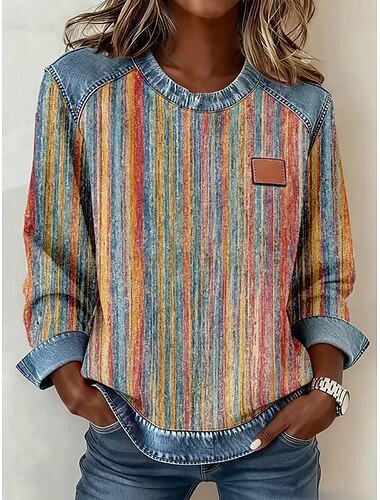  Mulheres Blusa Imprimir Xadrez Vintage à moda Casual Manga Longa Gola Redonda Tops regulares Diário Azul Rosa Cáqui Primavera Outono Inverno