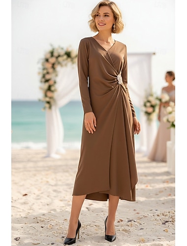  Linea ad A Lunghezza Tè Abito da Cocktail Abito da invitata a nozze Abiti per invitati a matrimoni Elegante Vintage Quotidiano Manica Lunga Scollo a V Festa in giardino Matrimonio con Con perline