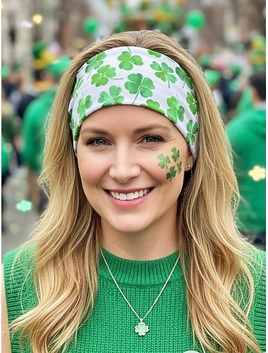 Dameshaarband van polyester met print, met meerdere klavertjesmotieven, perfect voor St. Patrick's Day. Rekbaar en ademend, in festivalstijl voor feestelijke gelegenheden, parades en casual gebruik.
