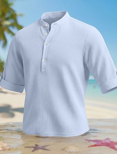  Per uomo Camicia Camicia a nido d'ape Tessuto Camicia casual Camicia con Bottoni Nero Bianco Verde Kaki Grigio chiaro Manica Lunga Tinta unica Semplice Colletto alla coreana Casuale Quotidiano