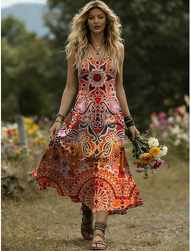  Damen Midikleid A Linie Kleid Lässig Strand Normale Passform Grafik Geometrisch Ärmellos U-Ausschnitt Blau Purpur Orange Grün Sommer Frühling