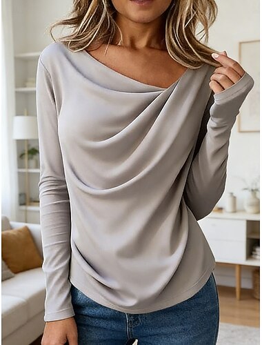  Mulheres Túnica Camiseta Côr Sólida Elegante à moda Básico Manga Longa Gola Boba Pescoço Assimétrico Tops regulares Diário Azul Preto Branco Roxo Cáqui Primavera Outono Inverno