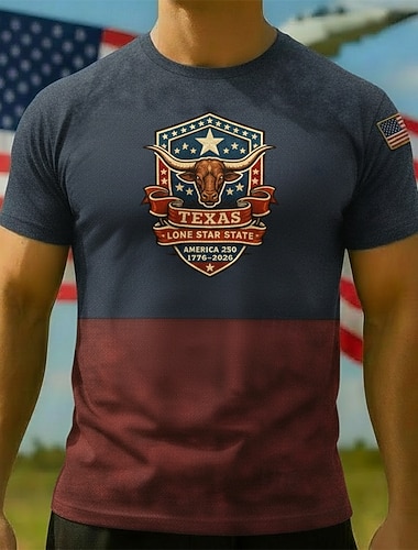  Patriotisk T-skjorte Grafisk T-skjorte Texas Longhorn Lone Star-staten Retro / vintage Patriotisk T-skjorte 1776–2026 til Herre Voksne 3D-utskrift for Uavhengighetsdag 4. juli