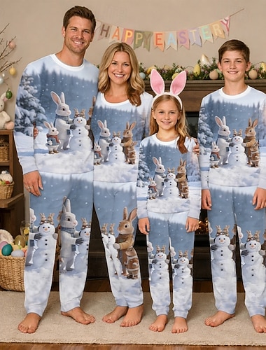  Famiglia Pasqua Pigiama Grafico Coniglietto Casuale Stampato Grigio Manica Lunga Vacanza Abiti coordinati
