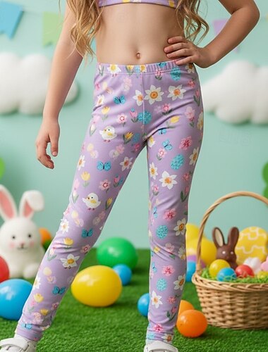  Ostern Mädchen 3D Blumen Grafik Hose Leggings 3D-Druck Frühling Herbst Niedlich Streetwear Basic Kinder 4-12 Jahre Lässig Täglich Outdoor Normale Passform