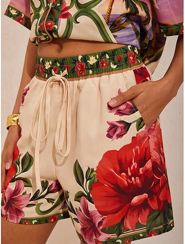  Hawaii Palm luftige shorts i lin-look med blomsterprint