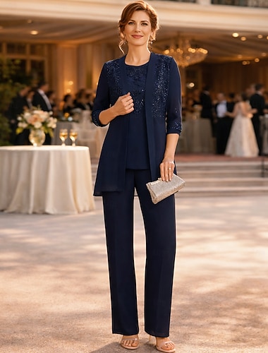  Pantalon enkel lengte bruidsmoeders jurk halve mouw crew hals elegant vintage formeel trouwgast met effen kleur