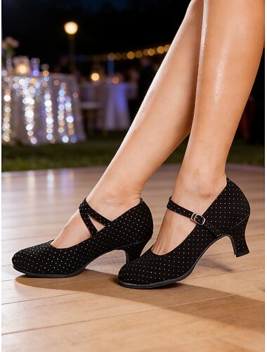  Escarpins de danse Mary Jane noirs à pois pour femmes, avec bride, style classique professionnel pour la danse de salon &chaussures de danse sociale