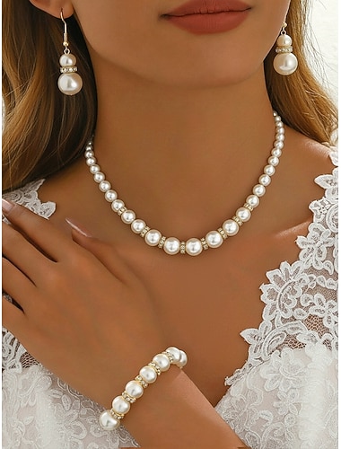  set di gioielli da donna in finte perle, elegante tonalità oro e argento, composto da collana, orecchini e bracciale, perfetto per matrimoni e occasioni formali