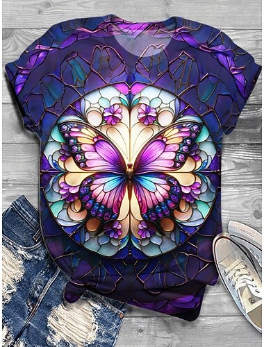  Jour de l'Indépendance Américaine Femmes T-shirt Imprimé Graphique Papillon ancien Élégant Classique Manche Courte Col ras du cou Hauts Réguliers Quotidien Week-end Vert Claire Marron clair Violet