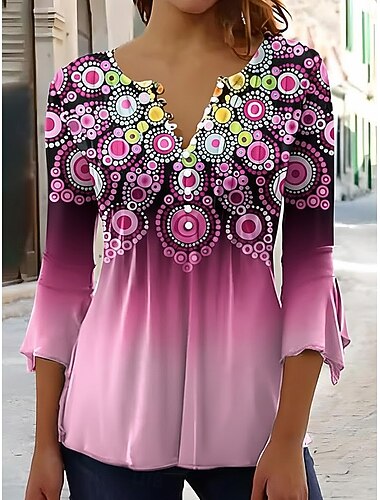  T-shirt damski ombre kwiatowy graficzny elegancki vintage stylowy 3/4 długości rękawa dekolt w serek długie bluzki codzienne na wyjście guziki niebieski zielony  niebieski różowy lato wiosna