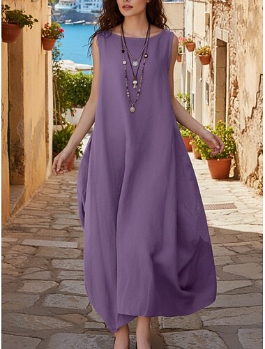  Vestido longo maxi feminino 100% algodão, estilo boho, modelo reto, ideal para o verão, clássico e moderno, perfeito para férias ao ar livre, passeios e ocasiões especiais. Modelagem regular, liso, sem mangas, gola redonda, nas cores roxo, marrom e azul e
