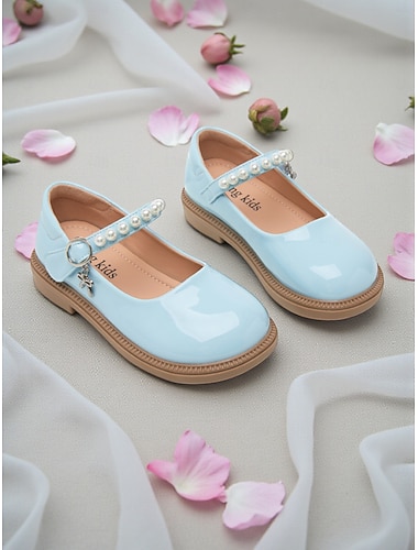  Barnesko med Mary Jane-sandaler og perlemorrem, blank PU-overdel, polstret innersåle og stabil lav platåsåle, søt prinsessestil for jenter, perfekte sko til bryllup med blomsterpike og seremonier.