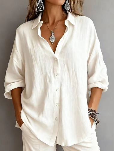  Damen-Baumwollblusen, einfarbig, Vintage-Stil, modern, langärmelig, Hemdkragen, normale Oberteile, Alltag, Urlaub, Ausgehen, blau, weiß, gelb, rosa, pink, grau, Frühling, Herbst