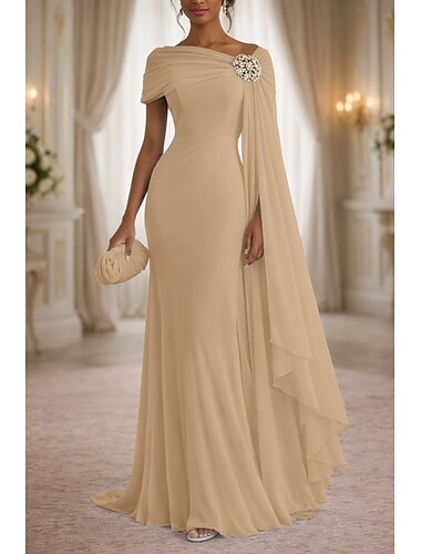  A-linje Kjoler Gulvlengde Gjestekjole til bryllup Formell kjole Aftenkjole Kjole til brudens mor Ermeløs Båthals Elegant Enkel Formell Bryllupsgjest Bryllupsfest Chiffon Sjale med Bølgemønster