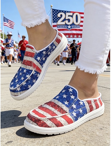  United States 250th Anniversary Kvinners Rødt Blått Amerikansk Flagg Trykt Komfort Mules – Canvas Slip-On Sko USA Fjerde Juli Utendørsarrangementer Reiser og Daglig bruk