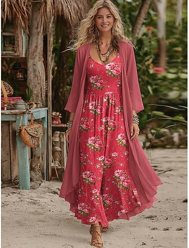  Damen Kleid-Set A Linie Kleid Urlaub Boho Grafik Paisley-Muster Geschichtet Druck Maxikleid Dreiviertelarm V Ausschnitt Täglich Strand Dunkelpink Leicht Braun Dunkelblau Sommer Frühling Normale