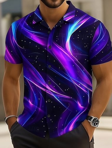 Herren Wellen Blende Farbe Neonleuchten Hemd Knopfhemd Kurzarm Modisch lässig Outdoor Urlaub Sommer Frühling Umlegekragen 3D-Druck Hemden mit Kragen Blau Purpur Orange Grün
