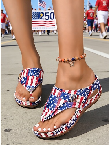  USAs 250-årsjubileum Kvinners rød-blå patriotiske USA-flagg kile sandaler – Komfortable polstrede sommersko parader festivaler gåing og hverdagscasual