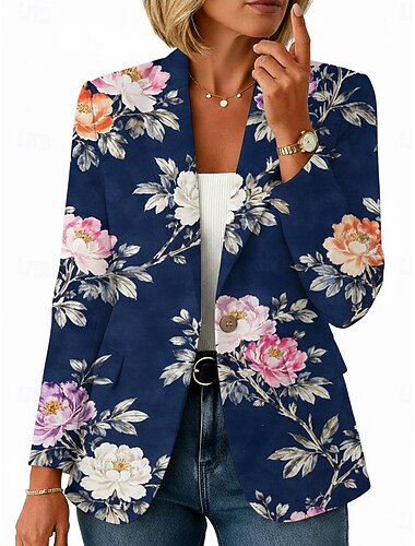  Dames Blazer Houd Warm Comfortabel Zak Knop Afdrukken Dagelijks Casual Bloemig Formeel Kantoor Casual Enkele rij knopen Normaal Ingesneden revers Normale pasvorm Lange mouw bovenkleding Marine Lente